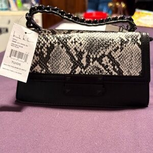 Nicole Miller Black and White Snake-Print Top Handle Clutch